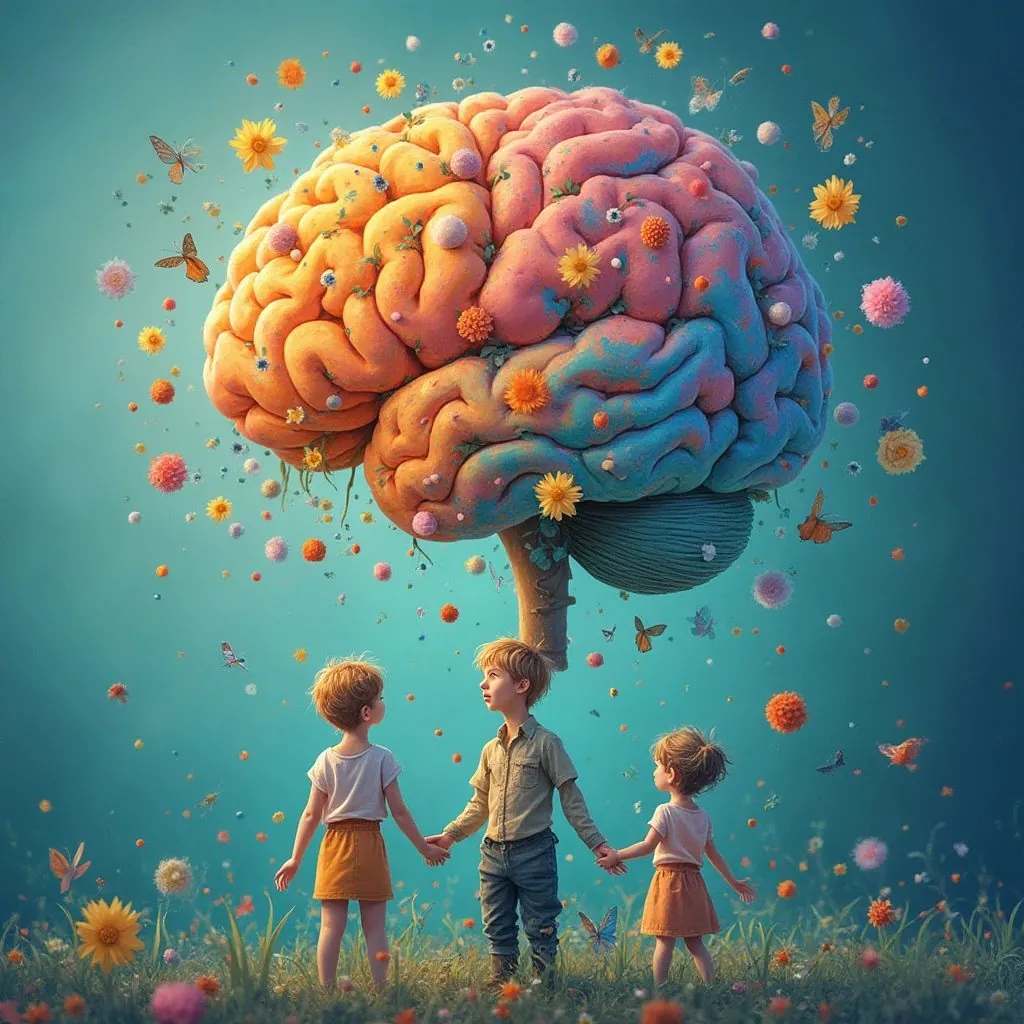 Illustrazione: bambini sotto un grande cervello fiorito